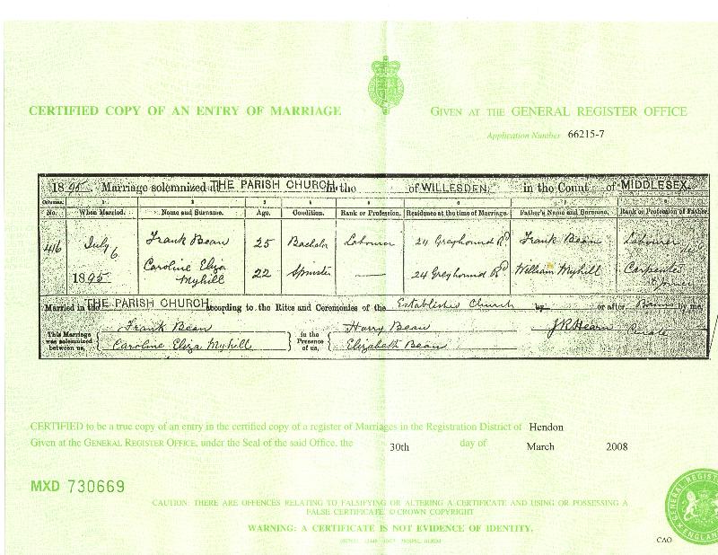 Frank Bean & Caroline Myhill 1895 Marriage Certificate